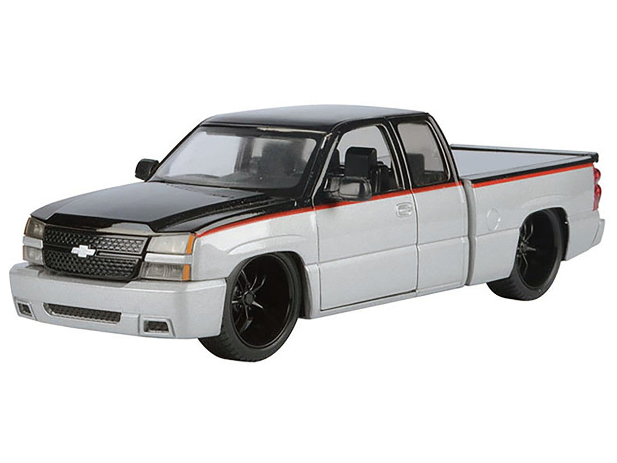 2006 Chevrolet Silverado Custom Pickup Truck Silver Metallic and Black with Red Stripes "Die-Cast Collection" Series 1/25 Diecast Model Car by Motormax LuxuryLifeWay Online Store