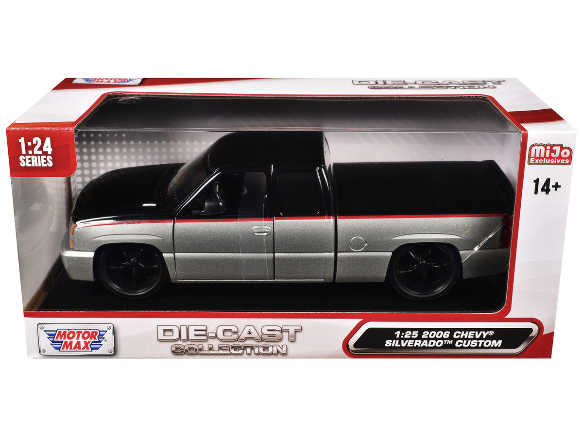 2006 Chevrolet Silverado Custom Pickup Truck Silver Metallic and Black with Red Stripes "Die-Cast Collection" Series 1/25 Diecast Model Car by Motormax LuxuryLifeWay Online Store