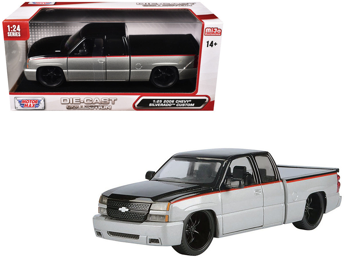 2006 Chevrolet Silverado Custom Pickup Truck Silver Metallic and Black with Red Stripes "Die-Cast Collection" Series 1/25 Diecast Model Car by Motormax LuxuryLifeWay Online Store