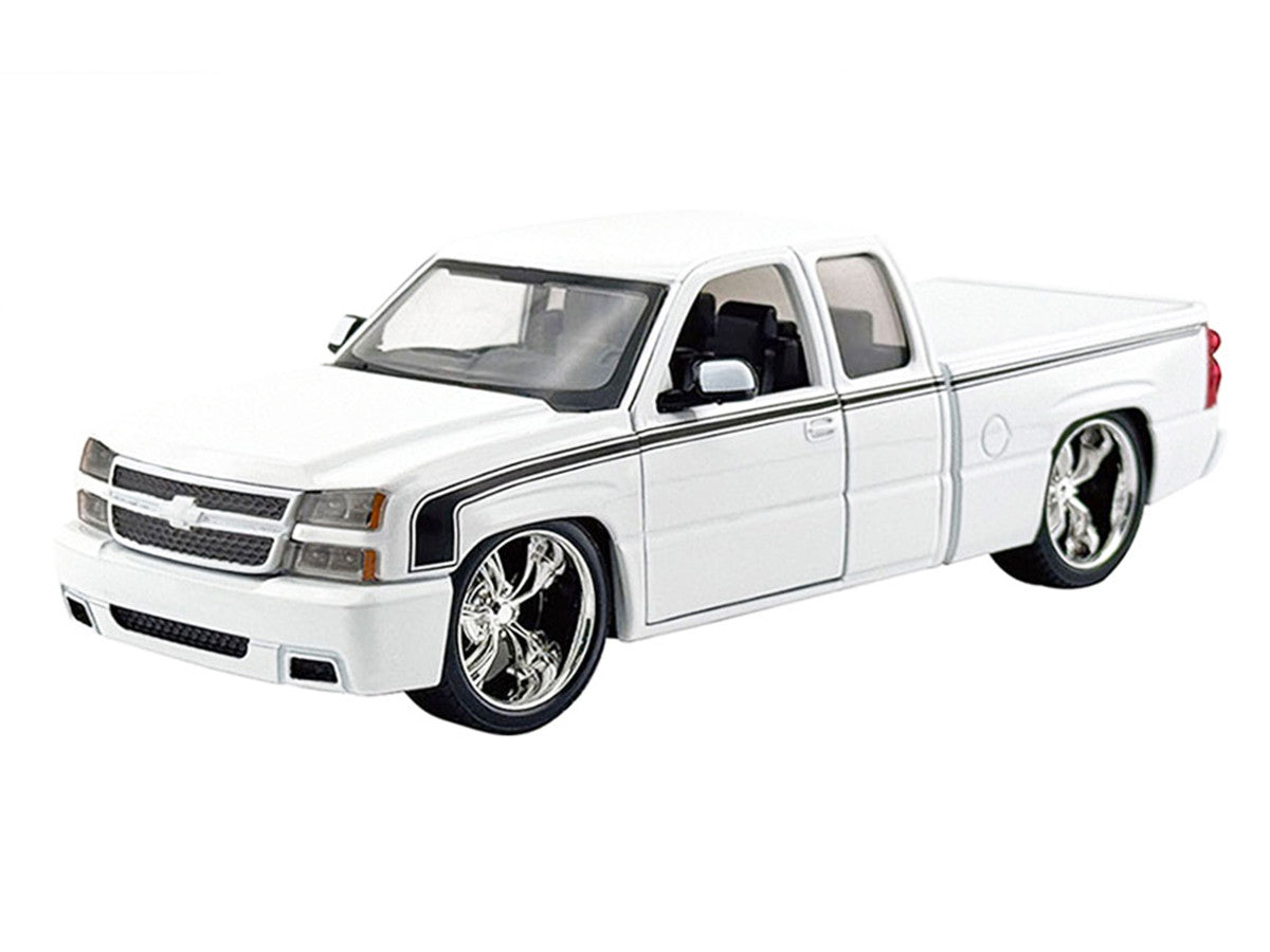 2006 Chevrolet Silverado Custom Pickup Truck White with Black Stripes "Die-Cast Collection" Series 1/25 Diecast Model Car by Motormax LuxuryLifeWay Online Store