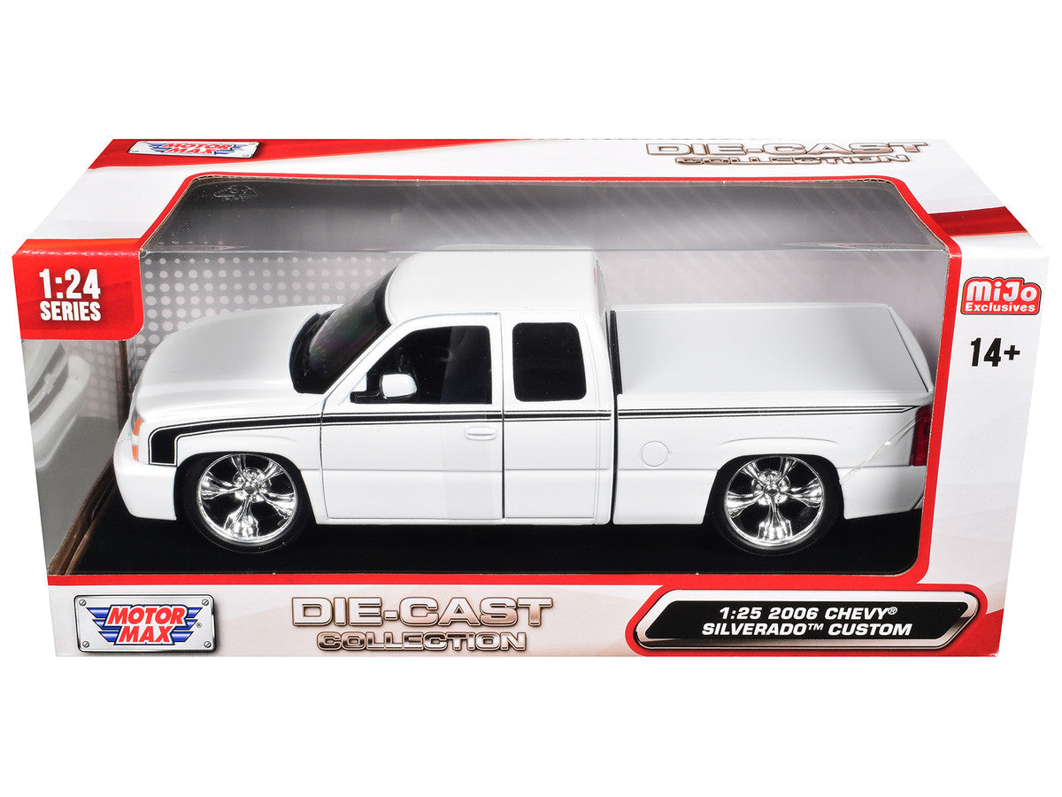 2006 Chevrolet Silverado Custom Pickup Truck White with Black Stripes "Die-Cast Collection" Series 1/25 Diecast Model Car by Motormax LuxuryLifeWay Online Store