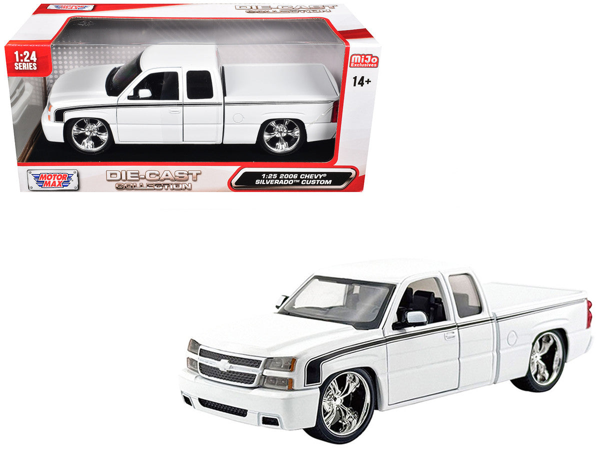 2006 Chevrolet Silverado Custom Pickup Truck White with Black Stripes "Die-Cast Collection" Series 1/25 Diecast Model Car by Motormax LuxuryLifeWay Online Store