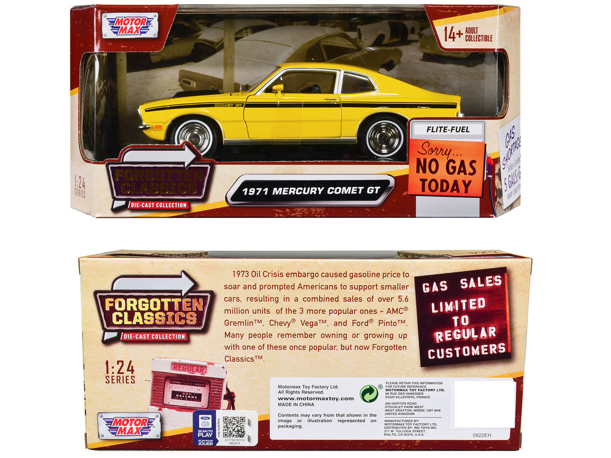 1971 Mercury Comet GT Yellow with Black Stripes "Forgotten Classics" Series 1/24 Diecast Model Car by Motormax LuxuryLifeWay Online Store