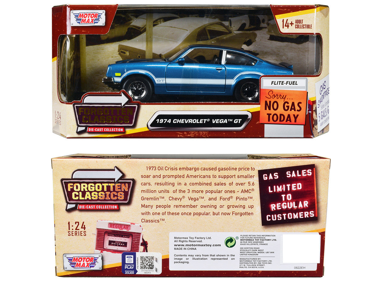 1974 Chevrolet Vega GT Blue Metallic with White Stripes "Forgotten Classics" Series 1/24 Diecast Model Car by Motormax LuxuryLifeWay Online Store