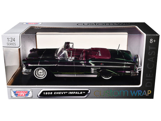 1958 Chevrolet Impala Green and Purple Chrome "Custom Wrap" Series 1/24 Diecast Model Car by Motormax LuxuryLifeWay Online Store