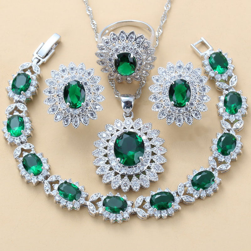 Garnet Cubic Zirconia Earrings Pendant Necklace Bracelet Ring Gift 4 PCs Set LadyShow.Store