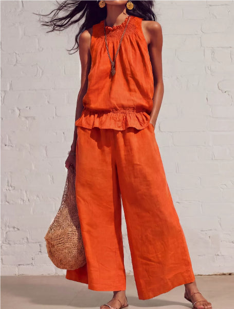 Summer Sleeveless Suit Fashion Ruffled Vest Top And Straight-leg Pants Women's Two-Piece Set NorixaFashion.com