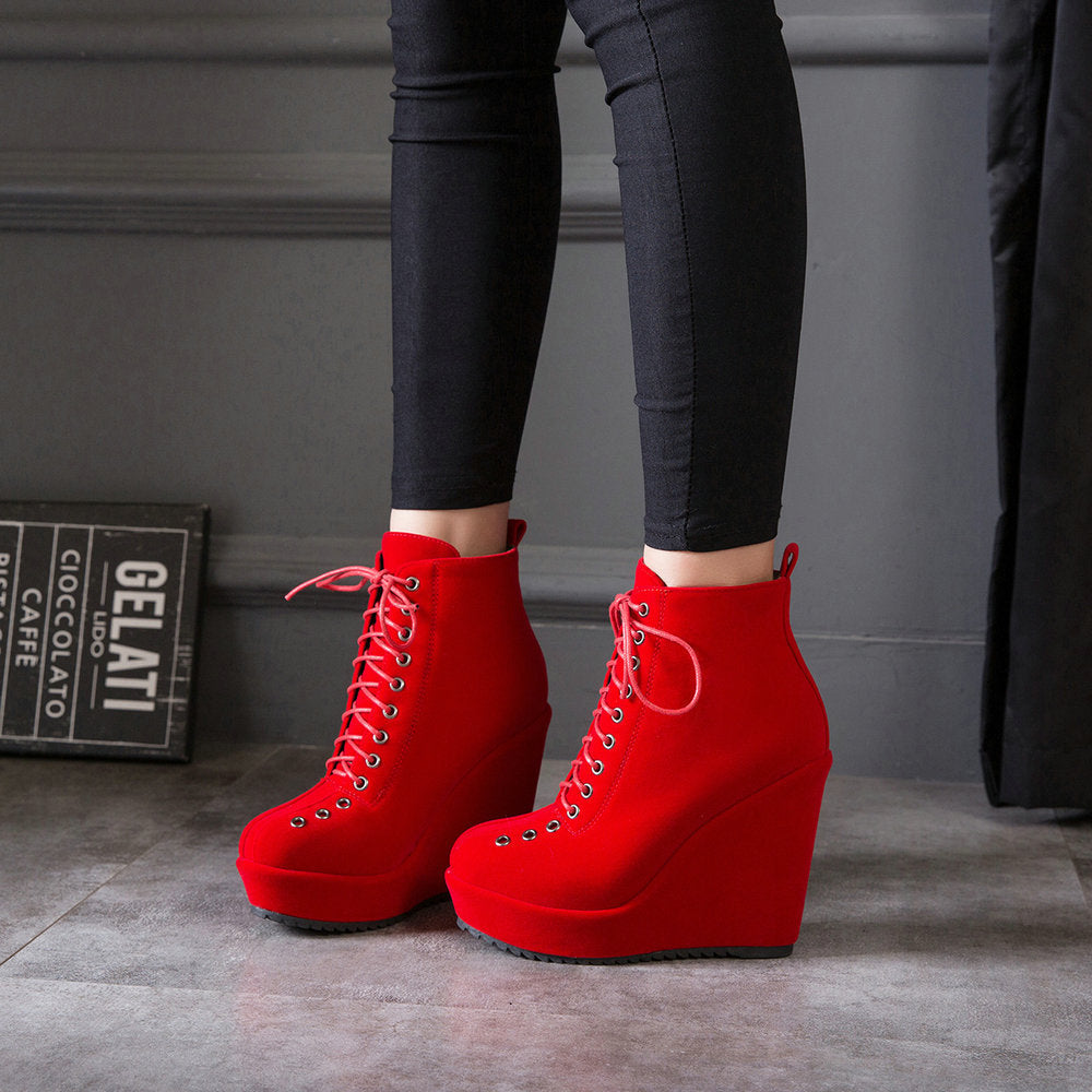 High-heeled Sponge Cake Was Thin Suede Lace-up Martin Boots Women LadyShow.Store