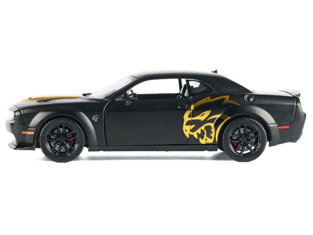 2018 Dodge Challenger SRT Hellcat Widebody Matt Black with Gold Stripes and Graphics "Midnight Eclipse" Series 1/24 Diecast Model Car by Motormax LuxuryLifeWay Online Store