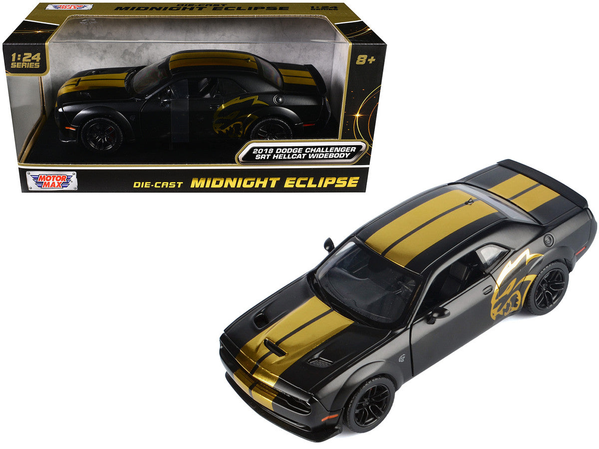 2018 Dodge Challenger SRT Hellcat Widebody Matt Black with Gold Stripes and Graphics "Midnight Eclipse" Series 1/24 Diecast Model Car by Motormax LuxuryLifeWay Online Store