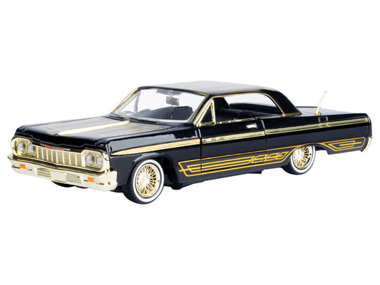 1964 Chevrolet Impala Lowrider Black with Gold Graphics and Wheels "Midnight Eclipse" Series 1/24 Diecast Model Car by Motormax LuxuryLifeWay Online Store