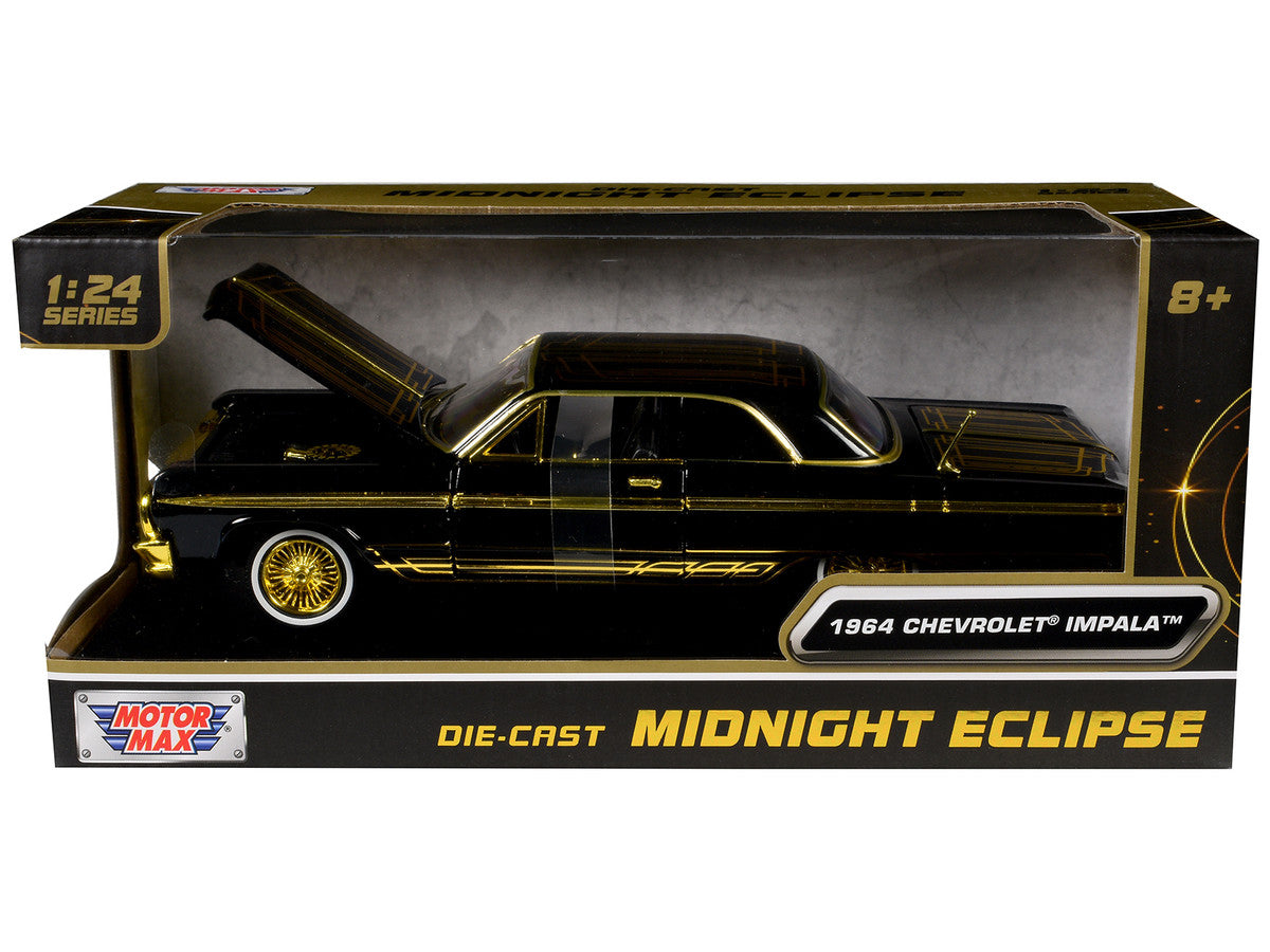 1964 Chevrolet Impala Lowrider Black with Gold Graphics and Wheels "Midnight Eclipse" Series 1/24 Diecast Model Car by Motormax LuxuryLifeWay Online Store