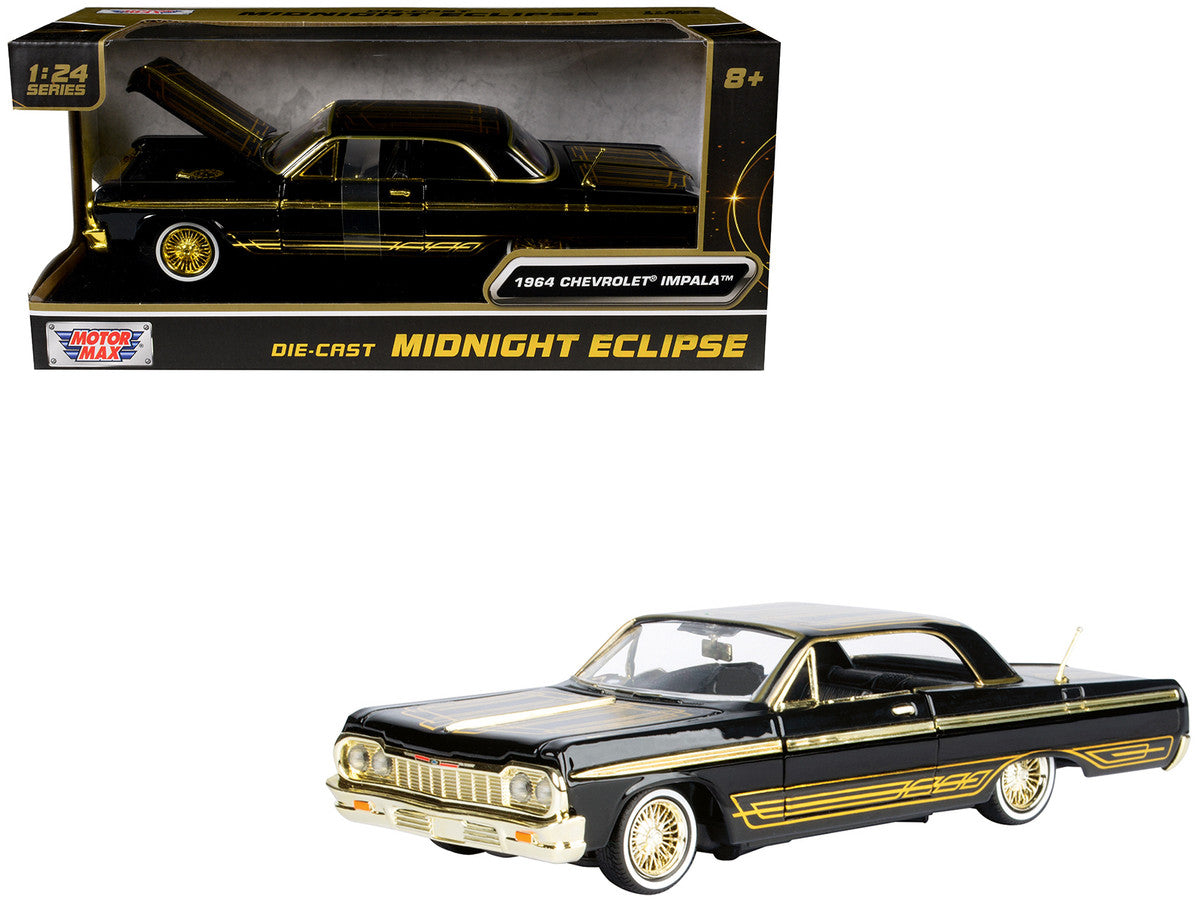 1964 Chevrolet Impala Lowrider Black with Gold Graphics and Wheels "Midnight Eclipse" Series 1/24 Diecast Model Car by Motormax LuxuryLifeWay Online Store