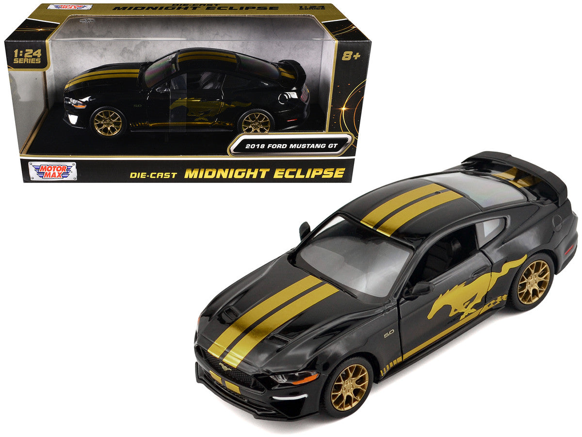 2018 Ford Mustang GT 5.0 Black with Gold Stripes and Graphics "Midnight Eclipse" Series 1/24 Diecast Model Car by Motormax LuxuryLifeWay Online Store