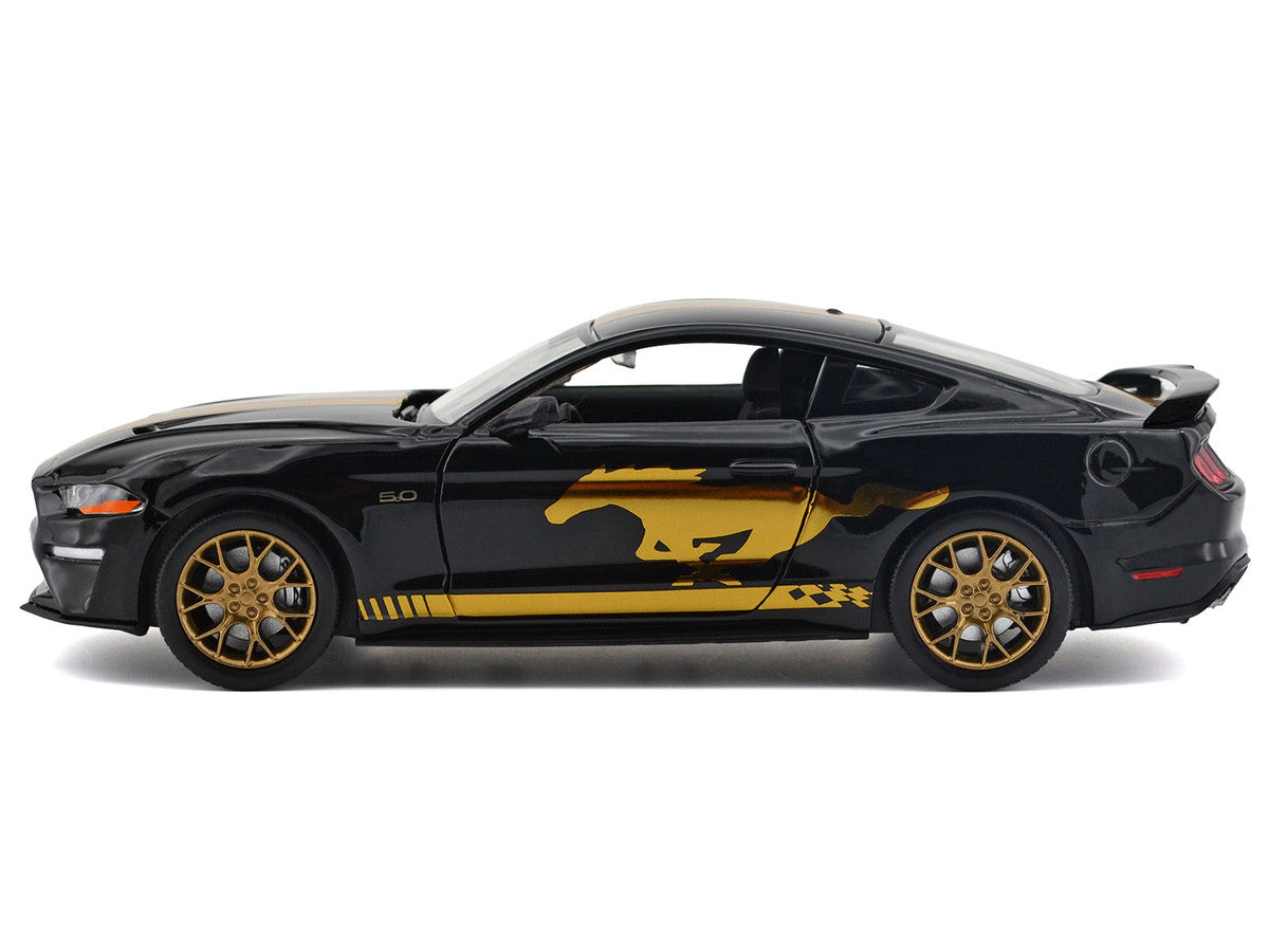 2018 Ford Mustang GT 5.0 Black with Gold Stripes and Graphics "Midnight Eclipse" Series 1/24 Diecast Model Car by Motormax LuxuryLifeWay Online Store