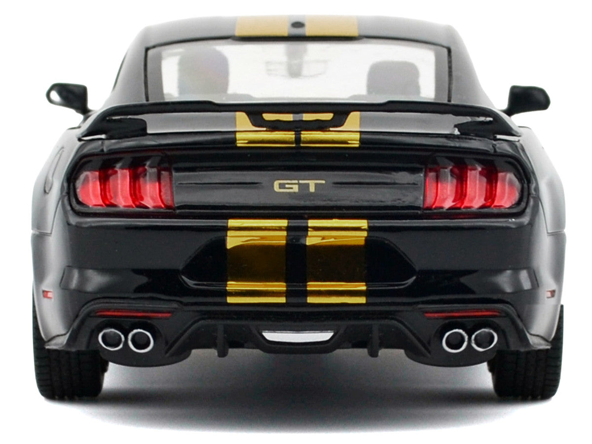 2018 Ford Mustang GT 5.0 Black with Gold Stripes and Graphics "Midnight Eclipse" Series 1/24 Diecast Model Car by Motormax LuxuryLifeWay Online Store