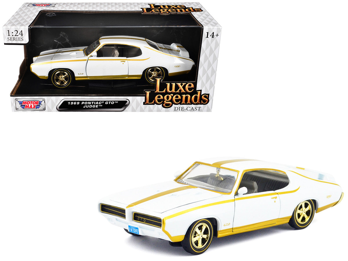 1969 Pontiac GTO Judge White Metallic with Gold Stripes "Luxe Legends" Series 1/24 Diecast Model Car by Motormax LuxuryLifeWay Online Store