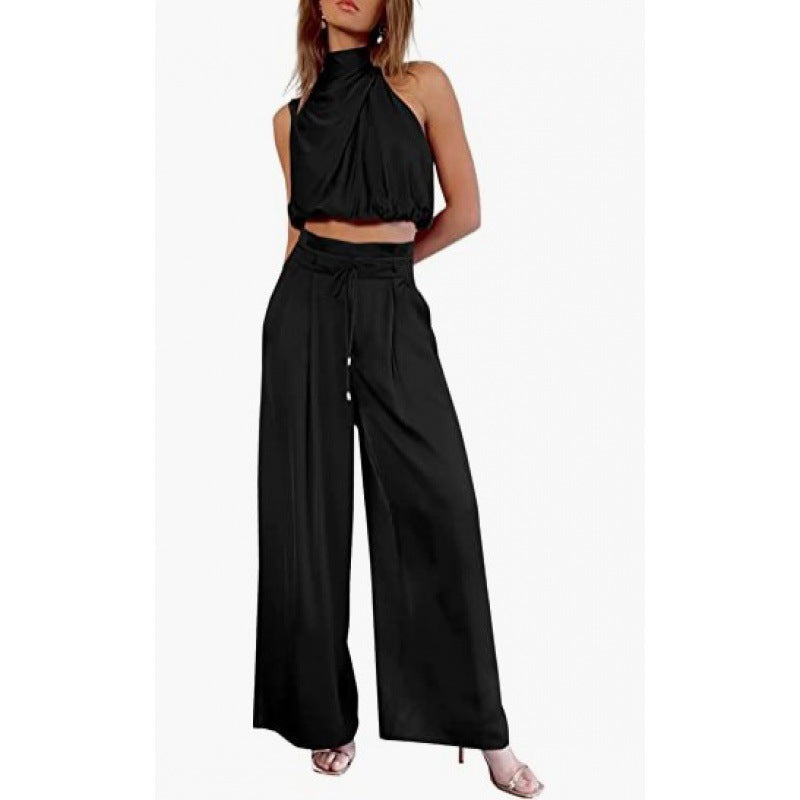 Summer Suits Casual Sleeveless Midriff-baring Top And Wide Leg Pants 2pcs Set Womens Clothing NorixaFashion.com