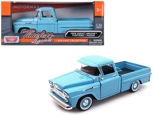 1958 Chevrolet Apache Fleetside Pickup Truck Light Blue 1/24 Diecast Model Car by Motormax LuxuryLifeWay Online Store