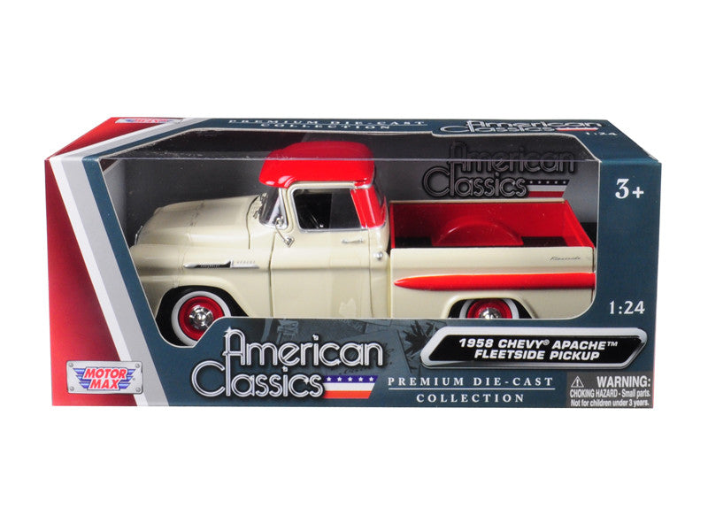 1958 Chevrolet Apache Fleetside Pickup Truck Cream with Red Top 1/24 Diecast Model Car by Motormax LuxuryLifeWay Online Store