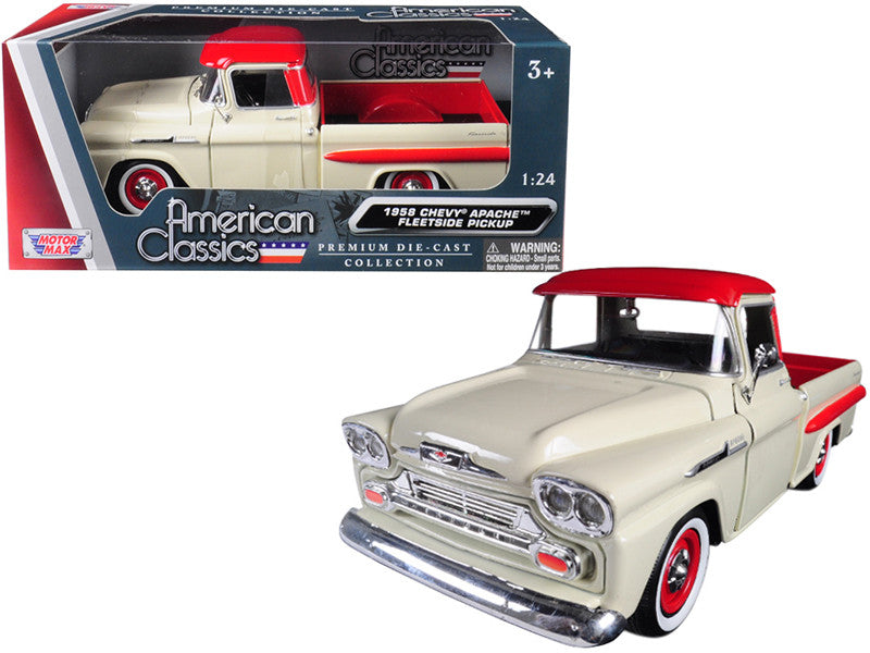 1958 Chevrolet Apache Fleetside Pickup Truck Cream with Red Top 1/24 Diecast Model Car by Motormax LuxuryLifeWay Online Store