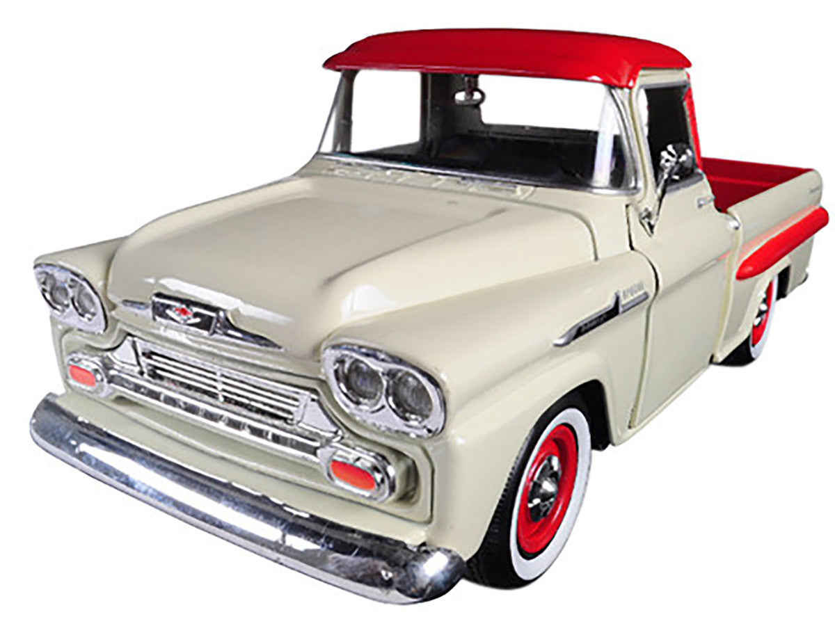1958 Chevrolet Apache Fleetside Pickup Truck Cream with Red Top 1/24 Diecast Model Car by Motormax LuxuryLifeWay Online Store
