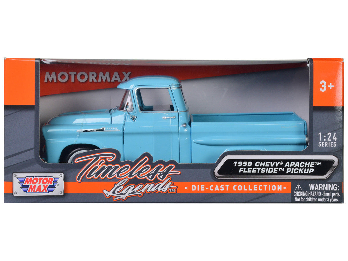 1958 Chevrolet Apache Fleetside Pickup Truck Light Blue 1/24 Diecast Model Car by Motormax LuxuryLifeWay Online Store