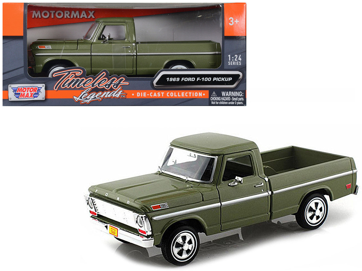 1969 Ford F-100 Pickup Truck Green 1/24 Diecast Model Car by Motormax LuxuryLifeWay Online Store
