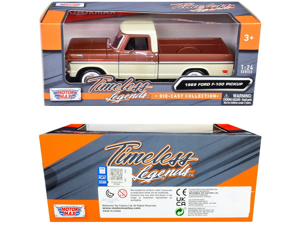 1969 Ford F-100 Pickup Truck Brown Metallic and Cream "Timeless Legends" 1/24 Diecast Model Car by Motormax LuxuryLifeWay Online Store