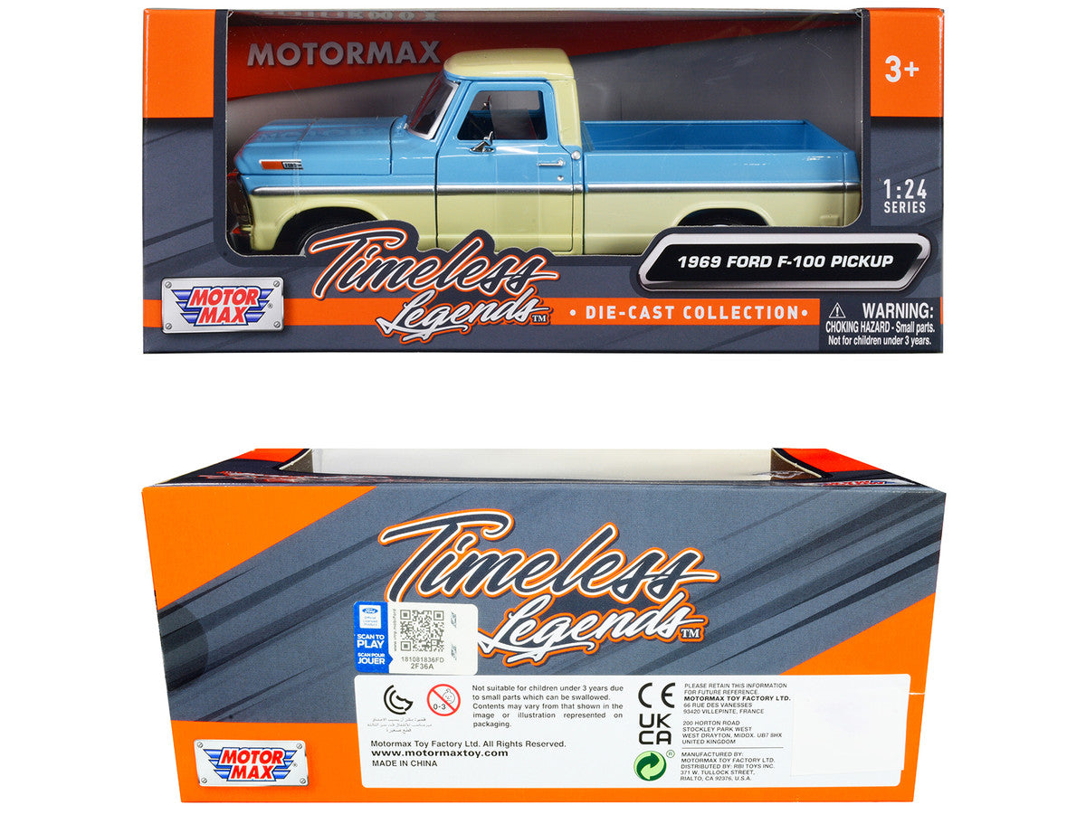 1969 Ford F-100 Pickup Truck Light Blue and Cream "Timeless Legends" Series 1/24 Diecast Model Car by Motormax LuxuryLifeWay Online Store