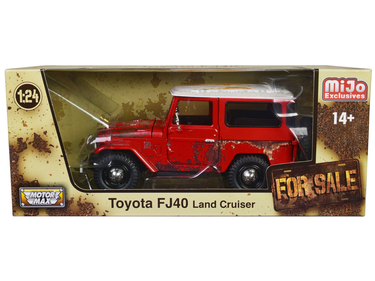 Toyota FJ40 Land Cruiser Red with White Top (Rusted Version) "For Sale" Series 1/24 Diecast Model Car by Motormax LuxuryLifeWay Online Store