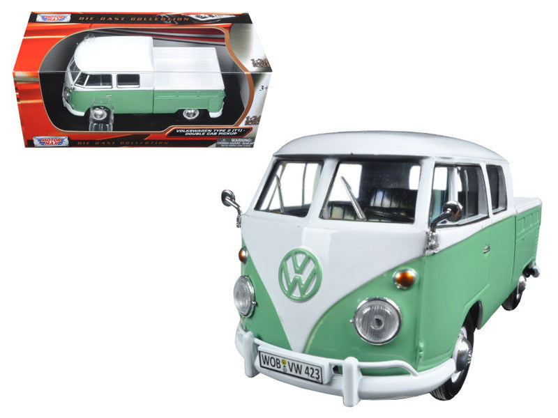 Volkswagen Type 2 (T1) Double Cab Pickup Truck White and Green 1/24 Diecast Model Car by Motormax LuxuryLifeWay Online Store