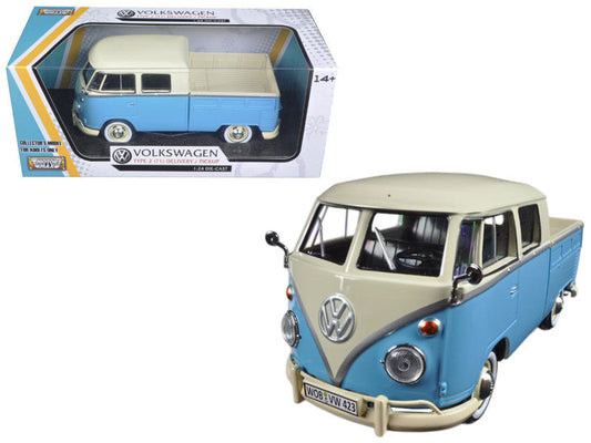 Volkswagen Type 2 (T1) Double Cab Pickup Truck Light Blue and Cream 1/24 Diecast Model Car by Motormax LuxuryLifeWay Online Store