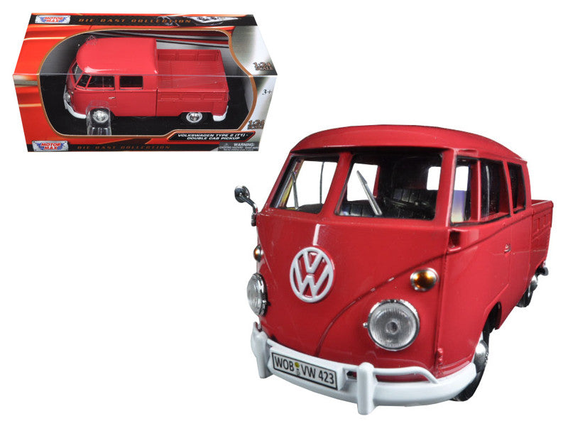 Volkswagen Type 2 (T1) Double Cab Pickup Truck Wax Red 1/24 Diecast Model Car by Motormax LuxuryLifeWay Online Store