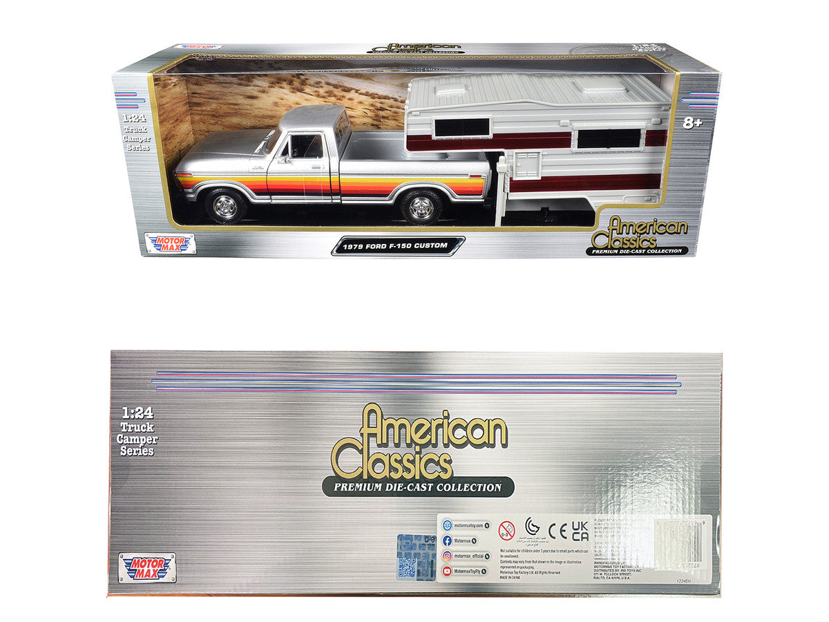 1979 Ford F-150 Custom Pickup Truck Silver Metallic with Side Stripes with Camper Shell "American Classics" Series 1/24 Diecast Model Car by Motormax LuxuryLifeWay Online Store