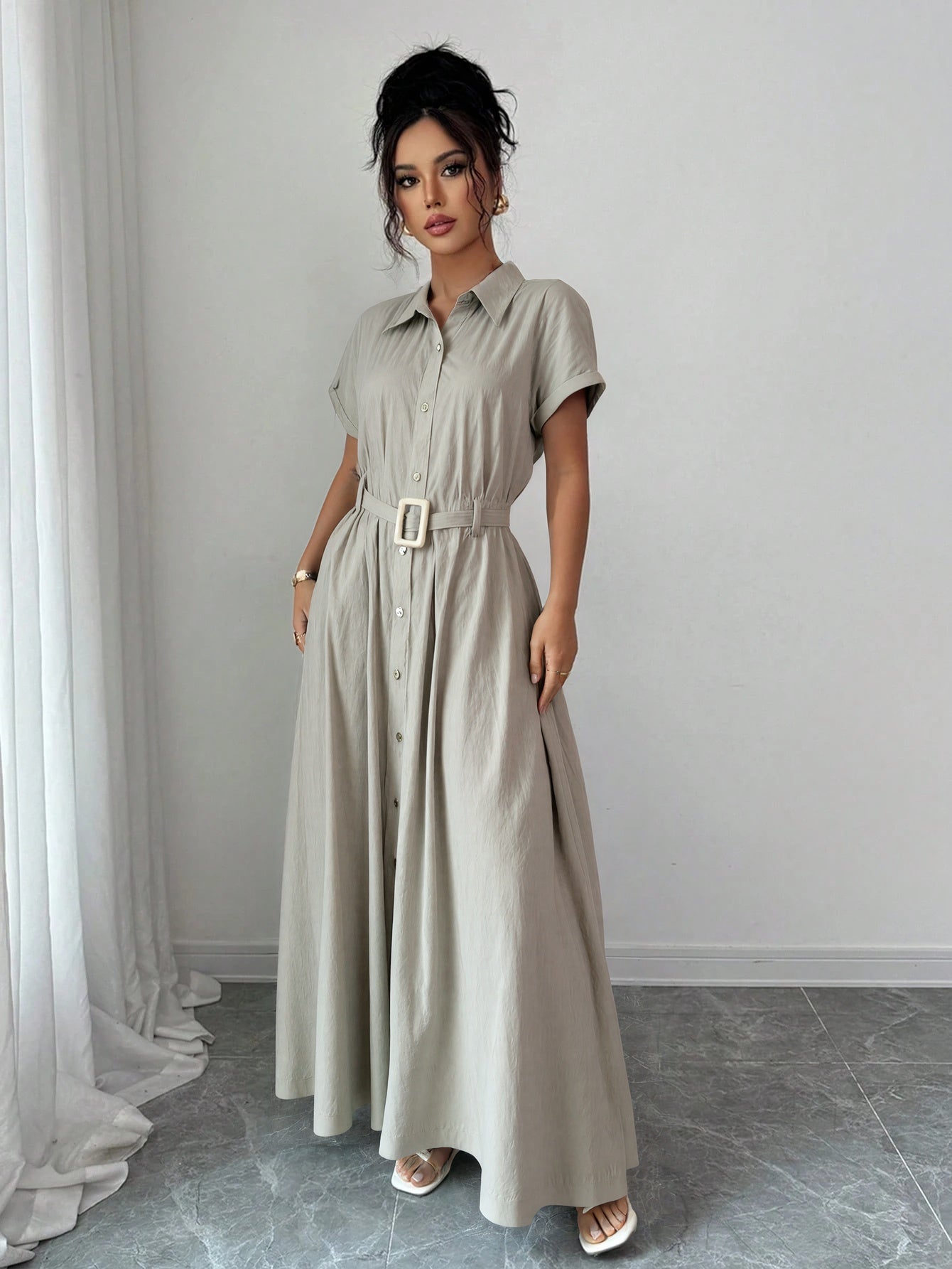 Short-Sleeve Shirt Waist-Cinched Maxi Dress NorixaFashion.com