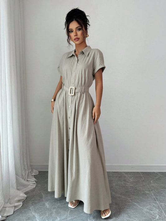 Short-Sleeve Shirt Waist-Cinched Maxi Dress NorixaFashion.com