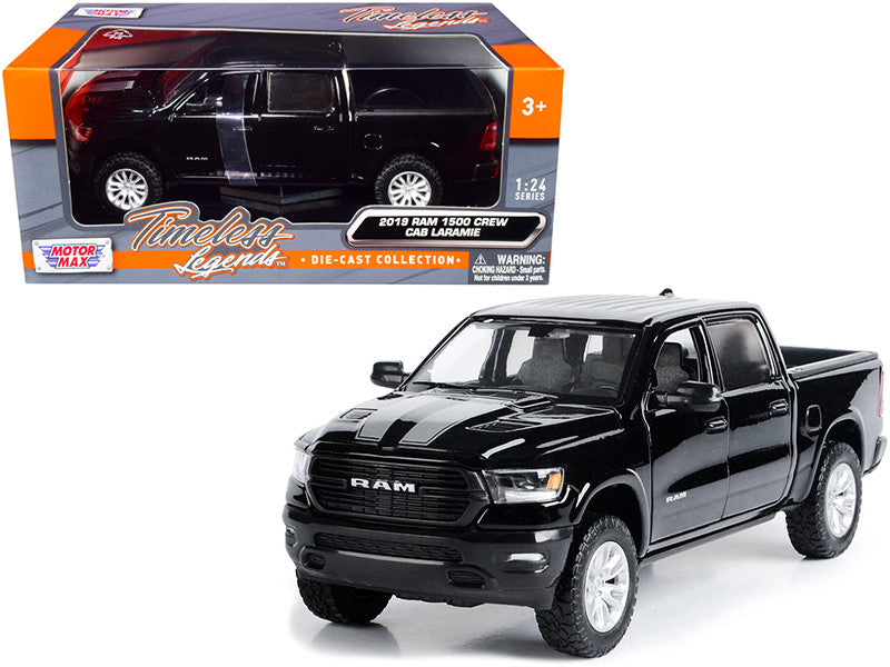 2019 RAM 1500 Laramie Crew Cab Pickup Truck Black with Silver Stripes 1/24 Diecast Model Car by Motormax LuxuryLifeWay Online Store