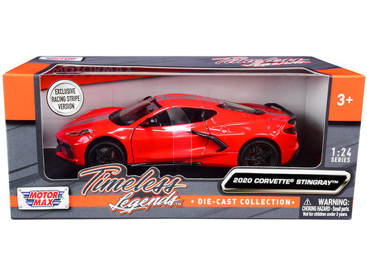 2020 Chevrolet Corvette C8 Stingray Red with Silver Racing Stripes "Timeless Legends" 1/24 Diecast Model Car by Motormax LuxuryLifeWay Online Store