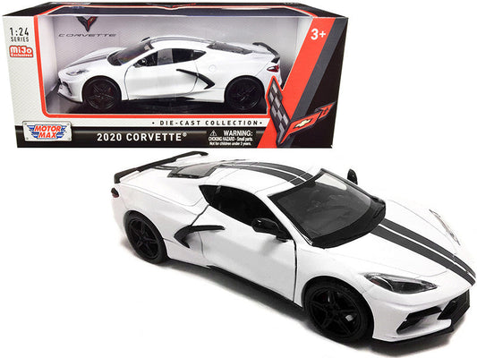 2020 Chevrolet Corvette C8 Stingray White with Gray Stripes 1/24 Diecast Model Car by Motormax LuxuryLifeWay Online Store