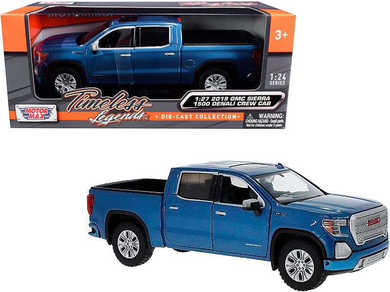 2019 GMC Sierra 1500 Denali Crew Cab Pickup Truck Blue Metallic 1/24-1/27 Diecast Model Car by Motormax LuxuryLifeWay Online Store