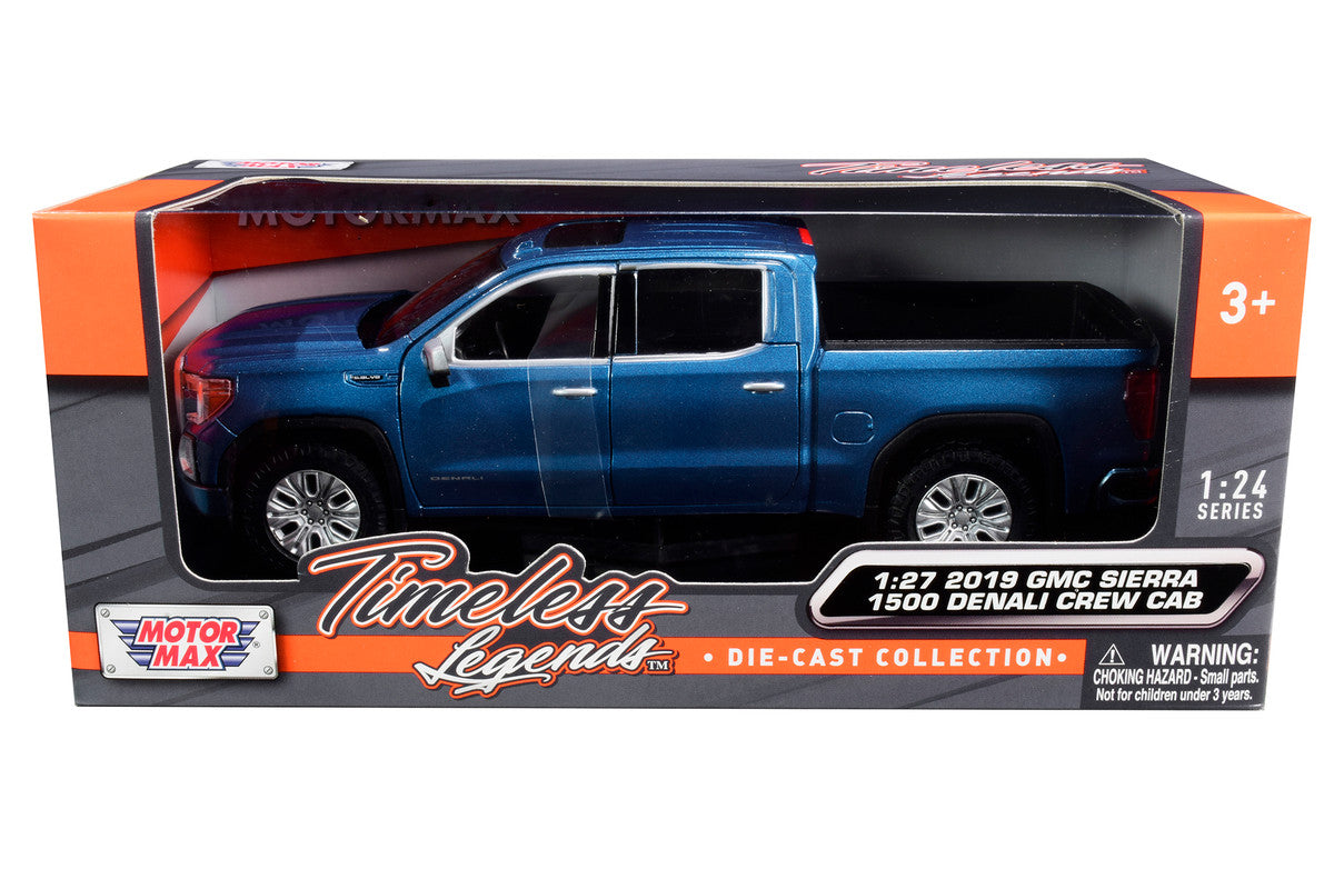 2019 GMC Sierra 1500 Denali Crew Cab Pickup Truck Blue Metallic 1/24-1/27 Diecast Model Car by Motormax LuxuryLifeWay Online Store