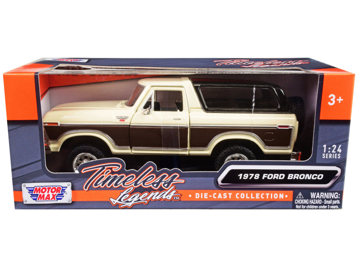 1978 Ford Bronco Ranger XLT with Spare Tire Cream and Brown with Black Camper Shell "Timeless Legends" Series 1/24 Diecast Model Car by Motormax LuxuryLifeWay Online Store