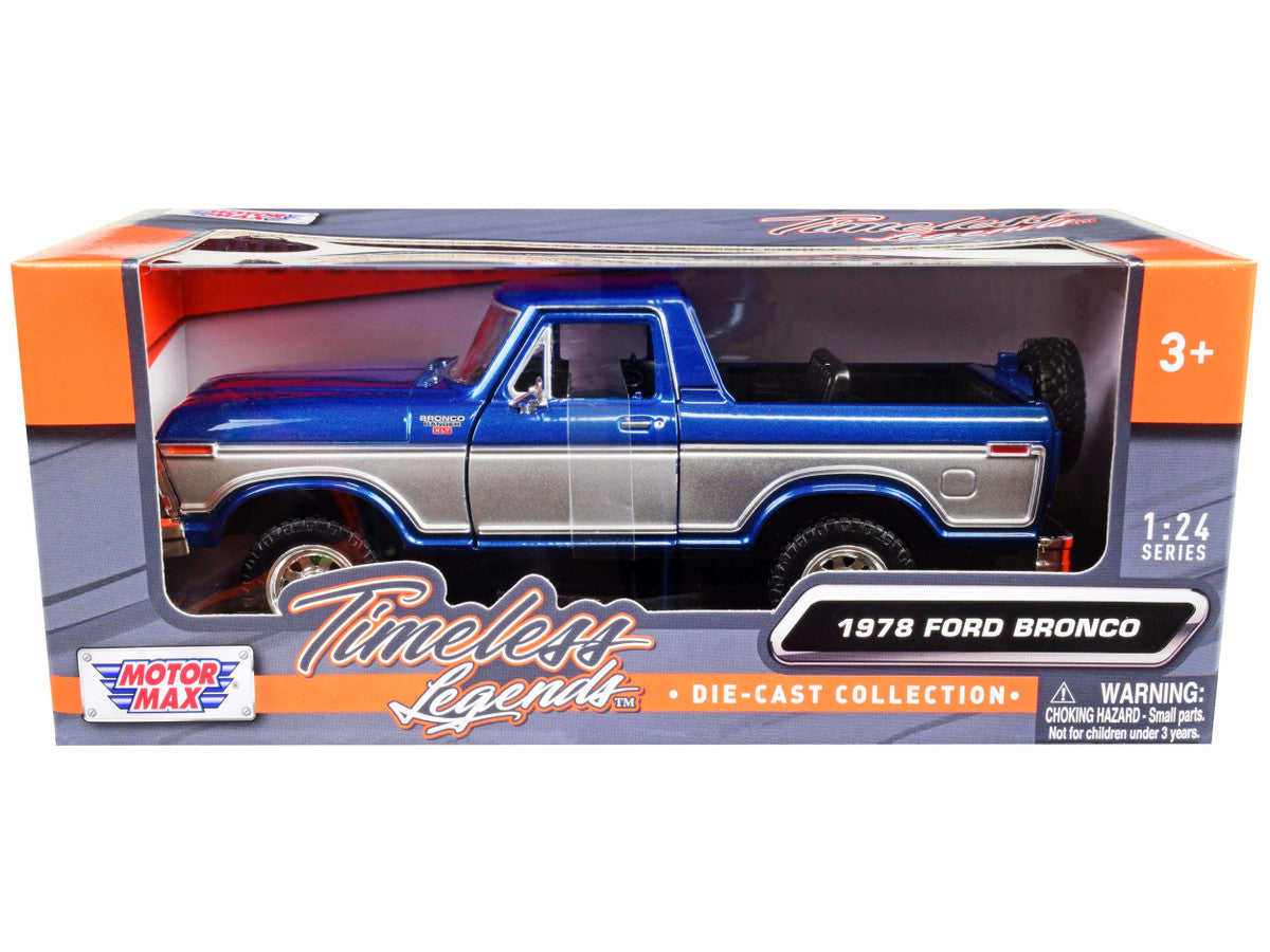 1978 Ford Bronco Ranger XLT (Open Top) with Spare Tire Blue Metallic and Silver "Timeless Legends" Series 1/24 Diecast Model Car by Motormax LuxuryLifeWay Online Store