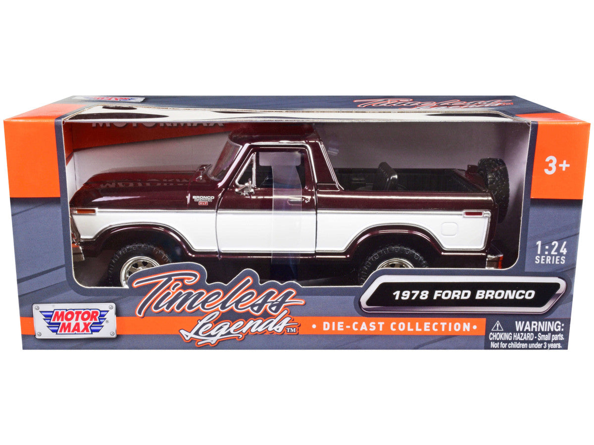 1978 Ford Bronco Ranger XLT (Open Top) with Spare Tire Burgundy Metallic and White "Timeless Legends" Series 1/24 Diecast Model Car by Motormax LuxuryLifeWay Online Store