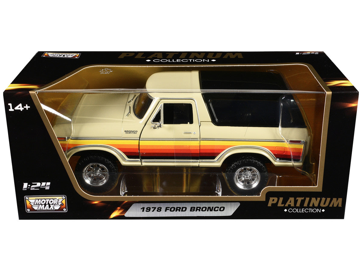 1978 Ford Bronco Custom Cream with Stripes and Black Top "Platinum Collection" Series 1/24 Diecast Model Car by Motormax LuxuryLifeWay Online Store