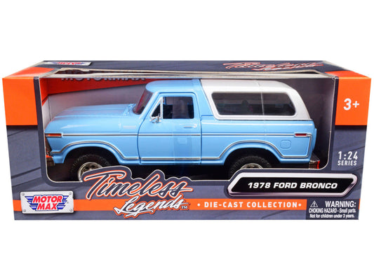 1978 Ford Bronco Custom Light Blue and White "Timeless Legends" Series 1/24 Diecast Model Car by Motormax LuxuryLifeWay Online Store