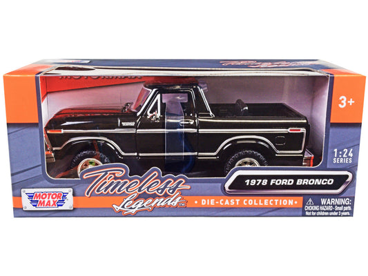 1978 Ford Bronco Custom (Open Top) Black "Timeless Legends" Series 1/24 Diecast Model Car by Motormax LuxuryLifeWay Online Store
