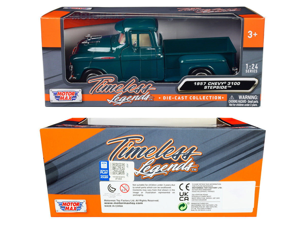 1957 Chevrolet 3100 Stepside Pickup Truck Teal Metallic "Timeless Legends" Series 1/24 Diecast Model Car by Motormax LuxuryLifeWay Online Store