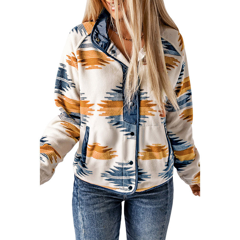 Winter Women's Printed Cardigan Jacket Fashion Color Contrast Fleece Coat LuxuryLifeWay Online Store